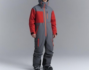 Combinaison de ski et de snowboard imperméable pour homme, couleur gris et rouge, à blocs de couleur, avec capuche, fermeture éclair, isolation synthétique, technologie Gore-Tex - Product Image 1