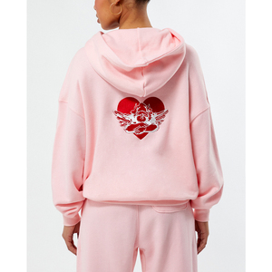 Sweat à capuche oversize rose pour femme en polaire avec motif cœur brodé et logo au dos, manches classiques, tenue décontractée d'automne - Product Image 1