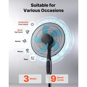 "18 Inch Remote Control <b>Standing</b> <b>Fan</b> 2700 CFM 9 Speeds 3 Modes Oscillating Adjustable Height US Plug for Hotel Use" - Product Image 2