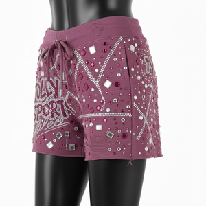 Shorty en molleton de coton et polyester de haute qualité pour femme, couleur mauve, tissu doux brossé, logo en strass et cristaux. - Product Image 2