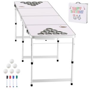 Table de beer pong pliable portable de 8 pieds avec trous pour gobelets, marqueurs effaçables à sec, poignées de transport, hauteur réglable pour le camping - Product Image 1