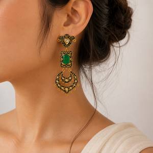 Pendientes Chandbali Meenakari Azul Rey al por Mayor con Piedra Verde Tallada, Pendientes Colgantes Rectangulares, Joyería India Polki Kundan - Product Image 3