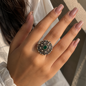 Treated Natural Emerald Cut Cocktail Ring | 925 Silver 18K Gold Plated | Emerald <b>Oxidized</b> Finish | Indian Bridal Engagement Gift - Product Image 3