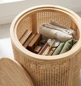 Round Solid Wood and Handwoven Natural Rattan Cane <b>Storage</b> <b>Side</b> <b>Table</b> with Removable Lid for Living Room Bedroom and Home Decor - Product Image 5