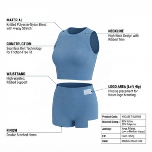 Yoga Set Women 2 Piece Solid Blue Seamless High Waist <b>Leggings</b> <b>Crop</b> Top Racerback Sleeveless Full Length Activewear - Product Image 5