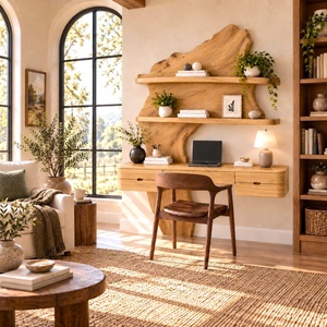 Bureau mural contemporain en bois artisanal avec étagères en forme d'arbre et tiroir pour bureau à domicile - Product Image 4