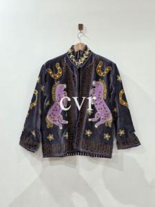 Chaqueta de Terciopelo Bordada a Mano con Cuello Mandarín, Manga Larga, Talla Grande, Estilo Blusón para Mujer, Otoño, Estampado Animal - Product Image 1