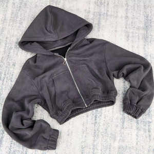 Custom Logo Set 100% Cotton Oversized Women 2 Piece Sweat Suit <b>Cropped</b> Top <b>Zip</b> <b>up</b> Hoodie and Shorts Set for Women - Product Image 5