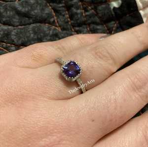 <b>Alexandrite</b> Proposal <b>Ring</b>, 925 Sterling Silver, Minimalist <b>Alexandrite</b> Cushion Cut Stunning Halo <b>Ring</b> June Birthstone Women <b>Ring</b> - Product Image 2