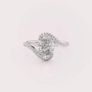 Bague de fiançailles ovale en diamant de laboratoire avec halo croisé en or blanc, bande torsadée pavée, pour femme, idéale pour les mariages et les promesses - Product Image 3