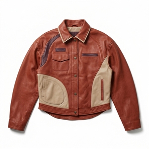 Veste en cuir véritable pour femme, style camionneur, couleur bloc crème cognac rouille, panneau incurvé, boutons-pression, col pointu, manteau streetwear élégant - Product Image 1