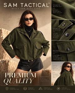 Chaqueta Utilitaria Verde Oliva para Mujer, Hombros Caídos, Cierre de Cremallera, Cuello Camisero, Bolsillos Tipo Cargo, Abrigo de Otoño, Precio Económico, OEM Personalizado - Product Image 5