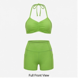 Conjunto de Yoga Verde de 2 Piezas, Top Halter con Volantes, Shorts de Cintura Alta con Bolsillos, Ropa Deportiva de Secado Rápido, Spandex y Poliéster - Product Image 1