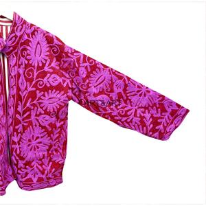 Veste élégante en velours côtelé rouge avec broderie florale violette, col et manches longues, vêtements d'extérieur pour femmes, automne - Product Image 4
