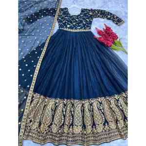 ROBE DE TRAVAIL SEQUENCE BRODERIE EN SOIE AVEC DUPATTA BLEU MARINE - Product Image 6