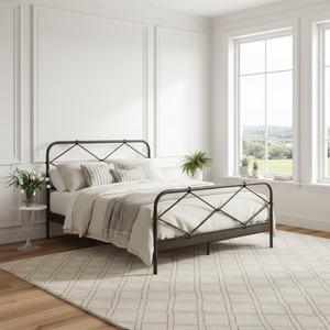 Lit en fer forgé de luxe contemporain 2026, conçu à la main avec un motif géométrique en croix, mobilier de chambre en métal robuste - Product Image 1