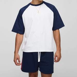 Men's Color Blocked Raglan T-Shirt And Shorts <b>Set</b> White Navy Blue Casual Summer <b>Knitted</b> Cotton Two Piece Outfit - Product Image 1