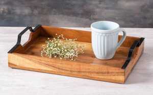 Bandejas con incrustaciones de nácar, resina y hueso, bandeja de servir de madera con asa de metal, forma cuadrada, bandeja de madera con textura de corteza - Product Image 4