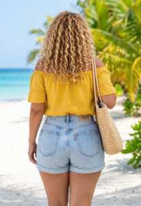 Oneten Apparels <b>Women</b> Summer <b>2</b> <b>Piece</b> <b>Outfit</b> Yellow Off Shoulder Ruffle Top And Light Blue Denim Shorts Set - Product Image 5