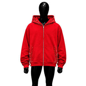 Sudadera con capucha roja con cremallera y pedrería, estilo oversize, streetwear, con brillo personalizado, cremallera completa, moda casual, unisex, en oferta. - Product Image 1