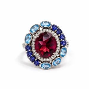 Luxury Women's Cocktail <b>Ring</b> 925 Silver Natural Stone Ruby Oval Cut with Blue Gemstones Prong Setting Flower Design Engagement - Product Image 1
