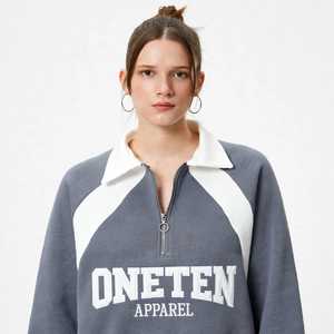 ONETEN APPAREL Winter Unisex Oversized Quarter Zip <b>Fleece</b> <b>Zipper</b> Sweatshirt Front Print Stand Collar Color Block Embroidered - Product Image 6
