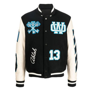 เสื้อแจ็คเก็ตวาร์ซิตี้แบบกำหนดเองสำหรับฤดูหนาว พร้อมโลโก้ด้านหน้า คอตั้ง ตัวเสื้อผ้าฝ้ายผสม แขนหนัง PU ปักลาย แห้งเร็วและระบายอากาศได้ดี - Product Image 1