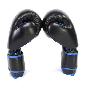 Gants de boxe en cuir noir, à doigts entiers, antidérapants, respirants, avec bordure bleue, fermeture à lacets, pour entraînement adulte - Product Image 3