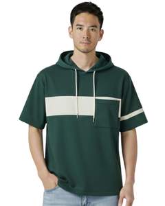 Camiseta con Capucha de Manga Corta Verde Oscuro Personalizada para Hombre con Bolsillo de Contraste, Estilo Casual Urbano, Top Pullover, Venta al por Mayor OEM - Product Image 1