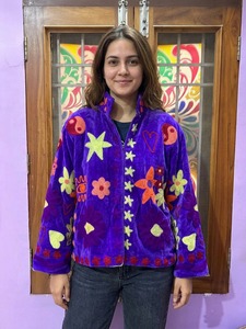 Women's Purple Velvet Embroidered Fleece <b>Jacket</b> With Floral Applique And <b>Star</b> Heart Pattern Stand Collar Open Closure - Product Image 3