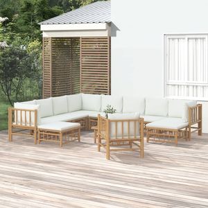 Grand ensemble de salon de jardin élégant en bambou et tissu (100 % polyester) couleur crème, canapés 100 % polyester pour l'extérieur - Product Image 1