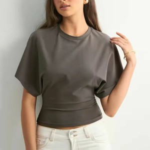 Spandex Polyester Women's Gray Cap Sleeve Crop Top Crew Neck KnittedCasual Loose Fit Spring Summer Solid Color Breathable Tee - Product Image 1