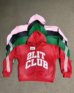 Breathable Custom Logo Distressed Zip Hoodie Pants Faded Tracksuit Pink Puff Printed Rhinestone Embroidery <b>Hip</b> Hop Style Winter - Product Image 3