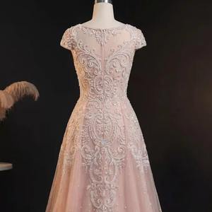 Vestido de Noche Rosa de Lujo con Cuentas, Manga Corta, Bordado de Perlas, Tul, Corte en A, Vestido de Fiesta para Mujer, Elegante Vestido para Invitadas de Boda - Product Image 2