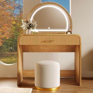 Tavolo da Trucco Naturale da 39 Pollici con Specchio Illuminato Touch Screen e Cassetto per Trucchi, per Camera da Letto - Product Image 1