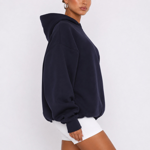2026 Womens Winter Fashion Oversize <b>Long</b> Knitted Hoodie Pullover Sweatshirt Solid Color Loose <b>Top</b> Front Logo <b>Black</b> 100% Cotton - Product Image 2