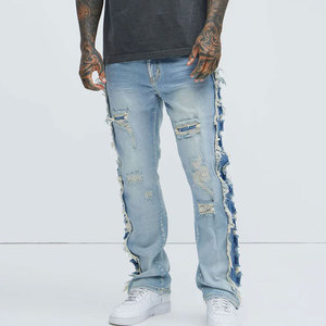 Custom Men's Denim <b>Trousers</b> Hip Hop Cotton Regular Fit Straight Leg Screen Printed <b>Light</b> Wash Knitted Vintage Pants - Product Image 5