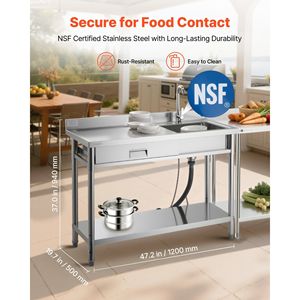 Lavello Commerciale a Vasca Singola con Cassetto, in Acciaio Inossidabile, con Rubinetto Scorrevole per Acqua Calda e Fredda, Ideale per Cucina Domestica - Product Image 2