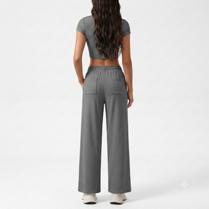 Conjunto Deportivo de 2 Piezas para Mujer, Top Corto de Manga Corta con Tejido Acanalado, Pantalones Anchos de Secado Rápido, para Gimnasio, Yoga y Entrenamiento - Product Image 2