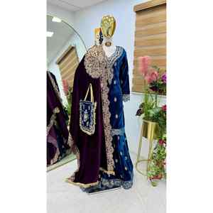 TRENDING TERCIOPELO BORDADO CODIFICACIÓN SECUENCIA TRABAJO TOP SHARARA CON DUPATTA SKY - Product Image 1