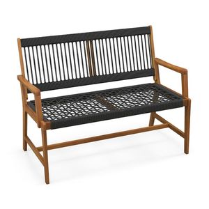 Banc d'extérieur en bois d'acacia pour 2 personnes avec dossier et accoudoirs en corde tressée pour terrasses - Product Image 4