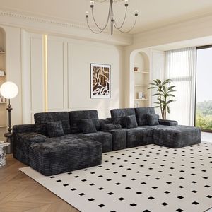 Divano Componibile a 5 Posti con 2 Pouf, Larghezza 150 cm, Comodo Divano a U in Tessuto di Velluto a Coste NERO per Soggiorno - Product Image 2
