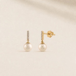 Pendientes de Oro Amarillo de 9K con Diamante Cultivado en Laboratorio de 1.00CT y Perla en Forma de Barra, Joyería Fina al por Mayor - Product Image 1