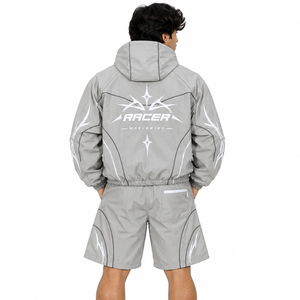 Custom Logo Lightweight Gray Windbreaker Track Suit <b>Men</b> Contrast Piping Hooded <b>Jacket</b> & Shorts 2 Piece Outfit Streetwear <b>Jackets</b> - Product Image 4