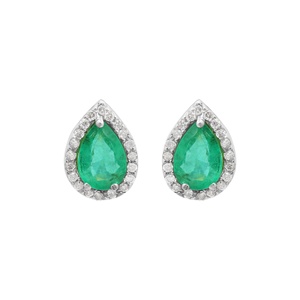 Pendientes de Oro Amarillo de 18k con Esmeralda Natural en Forma de Pera y Halo de Diamantes, Joyas Memoria, Venta al Por Mayor - Product Image 3