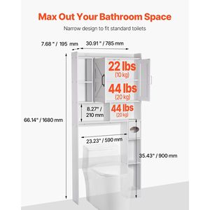 Meuble de rangement pour salle de bain à poser au-dessus des toilettes, 66,14 pouces de hauteur, organisateur de spa avec double porte et étagère réglable pour mobilier de salle de bain - Product Image 2