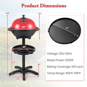 Grill Elettrico Rosso da 1200W con Doppia Zona di Cottura 2-in-1, da Terra e da Tavolo, per 6-10 Persone, Ideale per Cucine Esterne - Product Image 4
