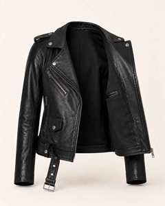<b>Women's</b> Black Sheep Skin Moto Jacket Reversible Waterproof Zipper Closure <b>Belted</b> Waist Notched Collar Plus Size - Product Image 2