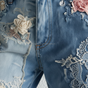 Jeans évasés taille haute à sequins floraux en maille respirante, personnalisables OEM, vente en gros - Product Image 4