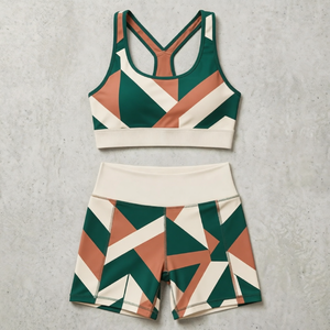 Women's Adjusted-Straps Sports Bra & High Waist Shorts 2-Piece Set Geometric Print Breathable Quick Dry Activewear Yoga Outfit - Product Image 1